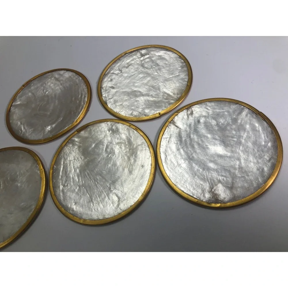 Vintage Mother of Pearl Coasters Gold Rim Set of 5 Round Iridescent Shell Decor